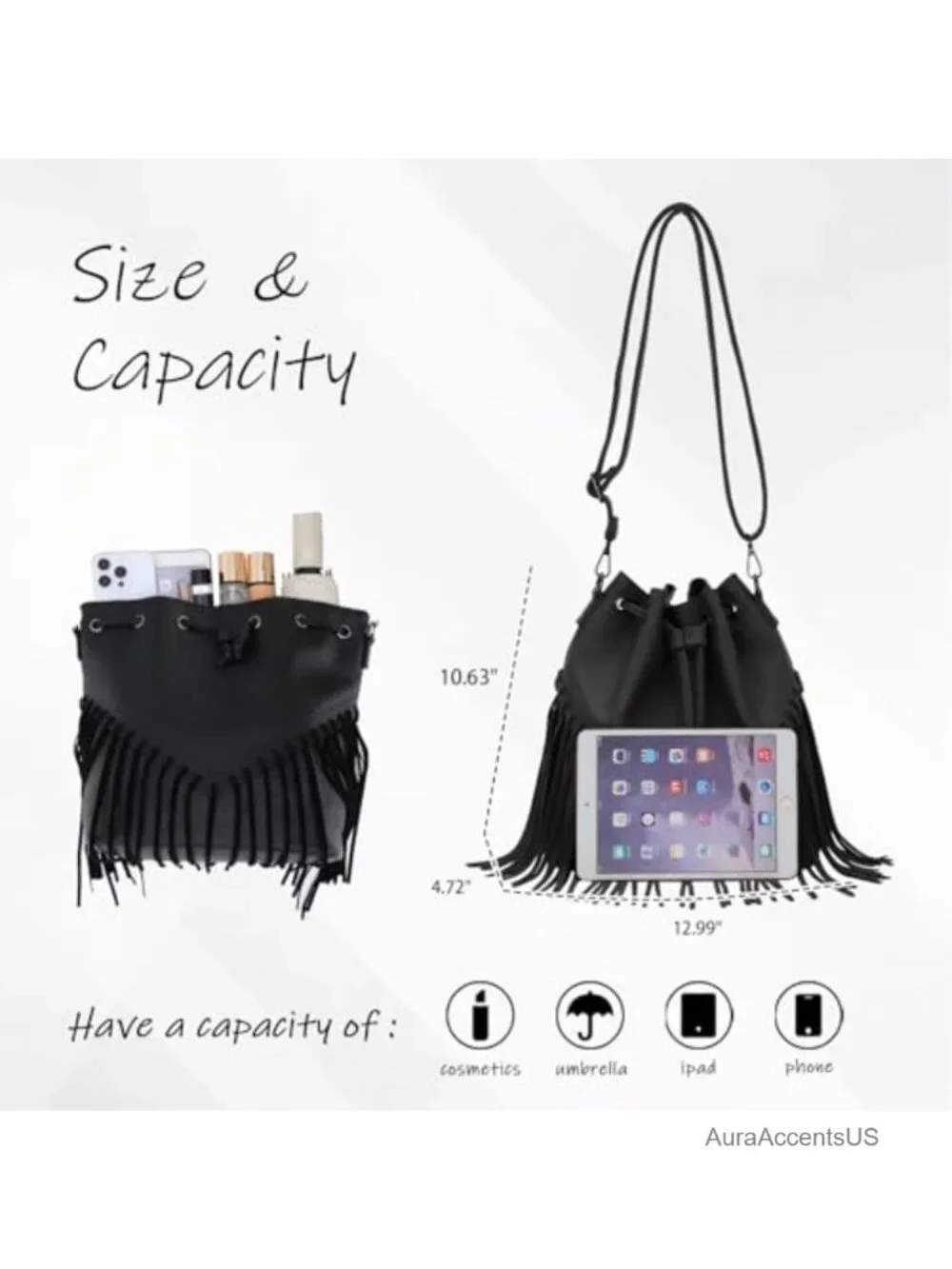 Fringe Bucket Bag Vegan Faux Suede Leather Crossbody Hobo Purse
